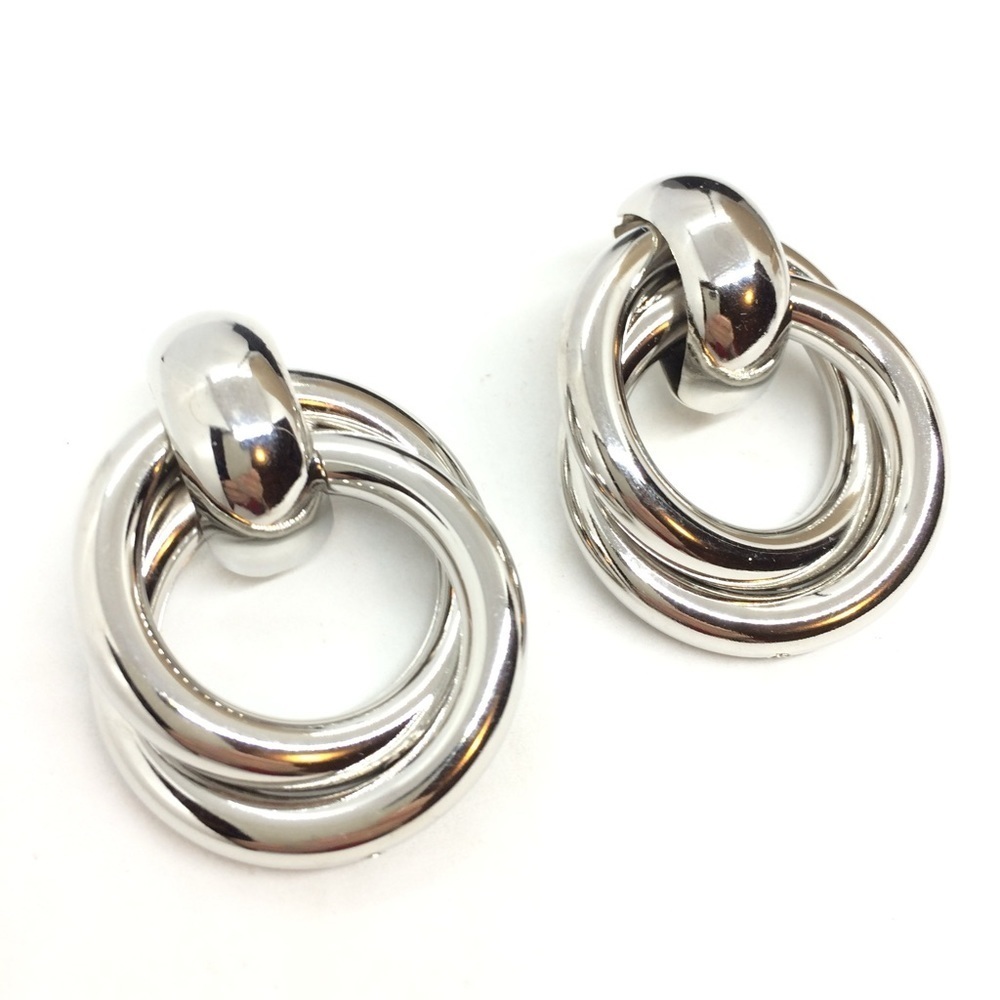 VINTAGE 80S 90S LARGE HOOP EARRINGS DOUBLE CIRCLES SILVER TONE STATEMENT - Picture 8 of 13